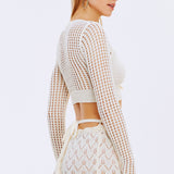 Crochet Knit Long Sleeves V Neck Crop Top White